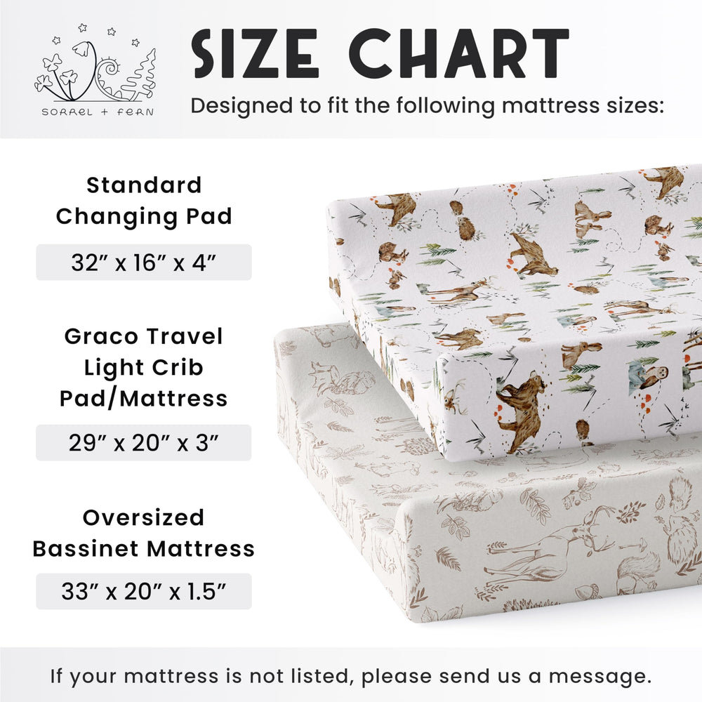 Sorrel + Fern elastic and deeper pockets ensure snug, secure fit on changing pad.