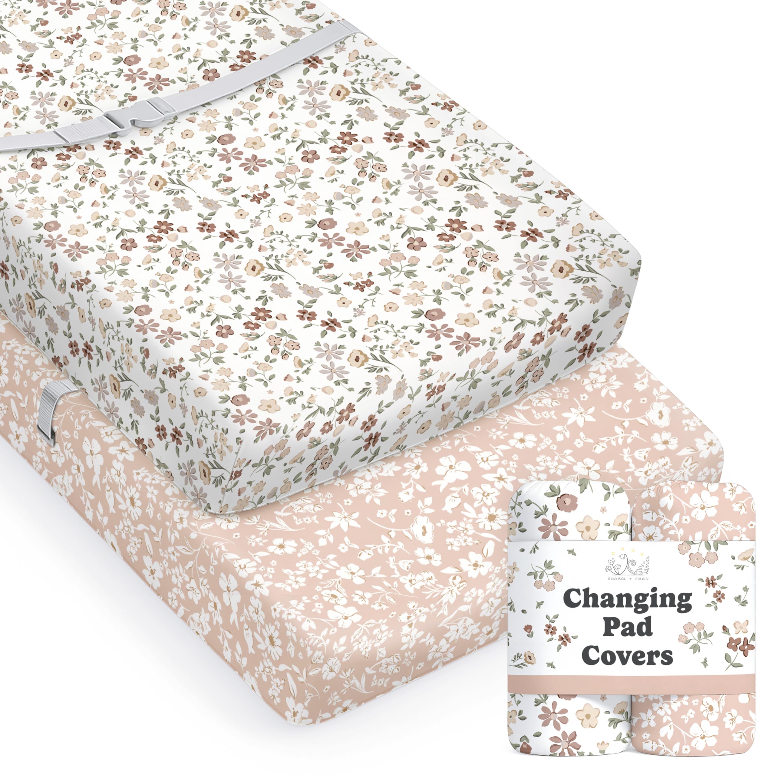 Sorrel + Fern Fleurette changing pad cover closeup, ultra-soft cotton blend for baby comfort.