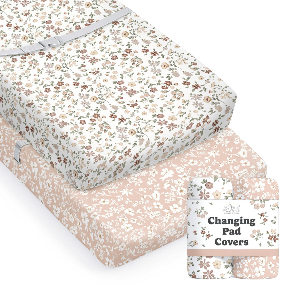 Sorrel + Fern Fleurette changing pad cover closeup, ultra-soft cotton blend for baby comfort.