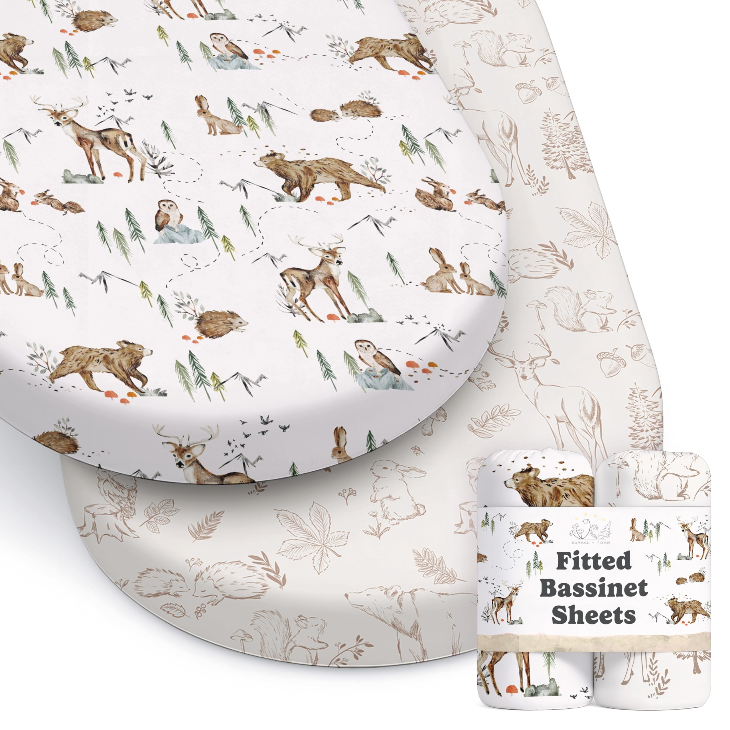 Sorrel + Fern Magic Forest bassinet sheet pattern closeup shows soft cotton blend for baby skin.