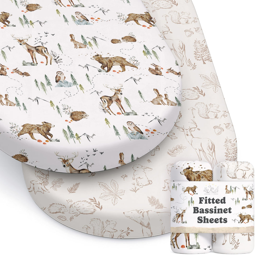 Sorrel + Fern Magic Forest bassinet sheet pattern closeup shows soft cotton blend for baby skin.
