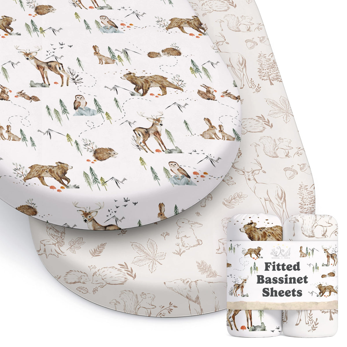 Sorrel + Fern Magic Forest bassinet sheet pattern closeup shows soft cotton blend for baby skin.