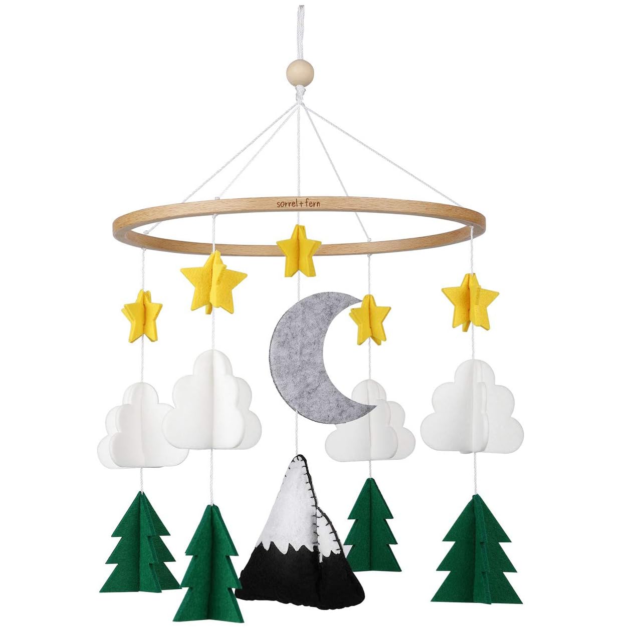 Sorrel + Fern Starry Woodland Night Mobile in a nursery adds serene, unisex style.