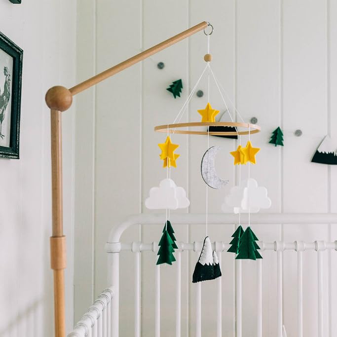Sorrel + Fern Starry Woodland Night Mobile natural materials highlight eco-friendly felt and beech wood.