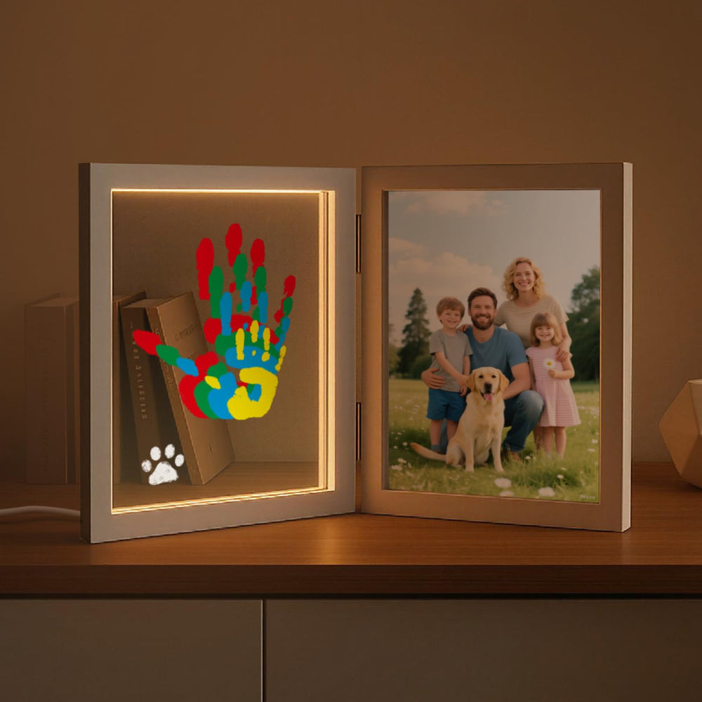 Sortnic family handprint frame with light showing four prints and a photo for bedtime keepsakes