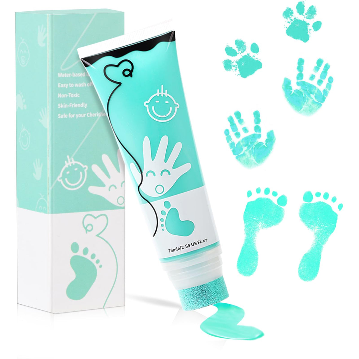 Sortnic mint-green baby handprint ink for safe direct-skin keepsake creation.