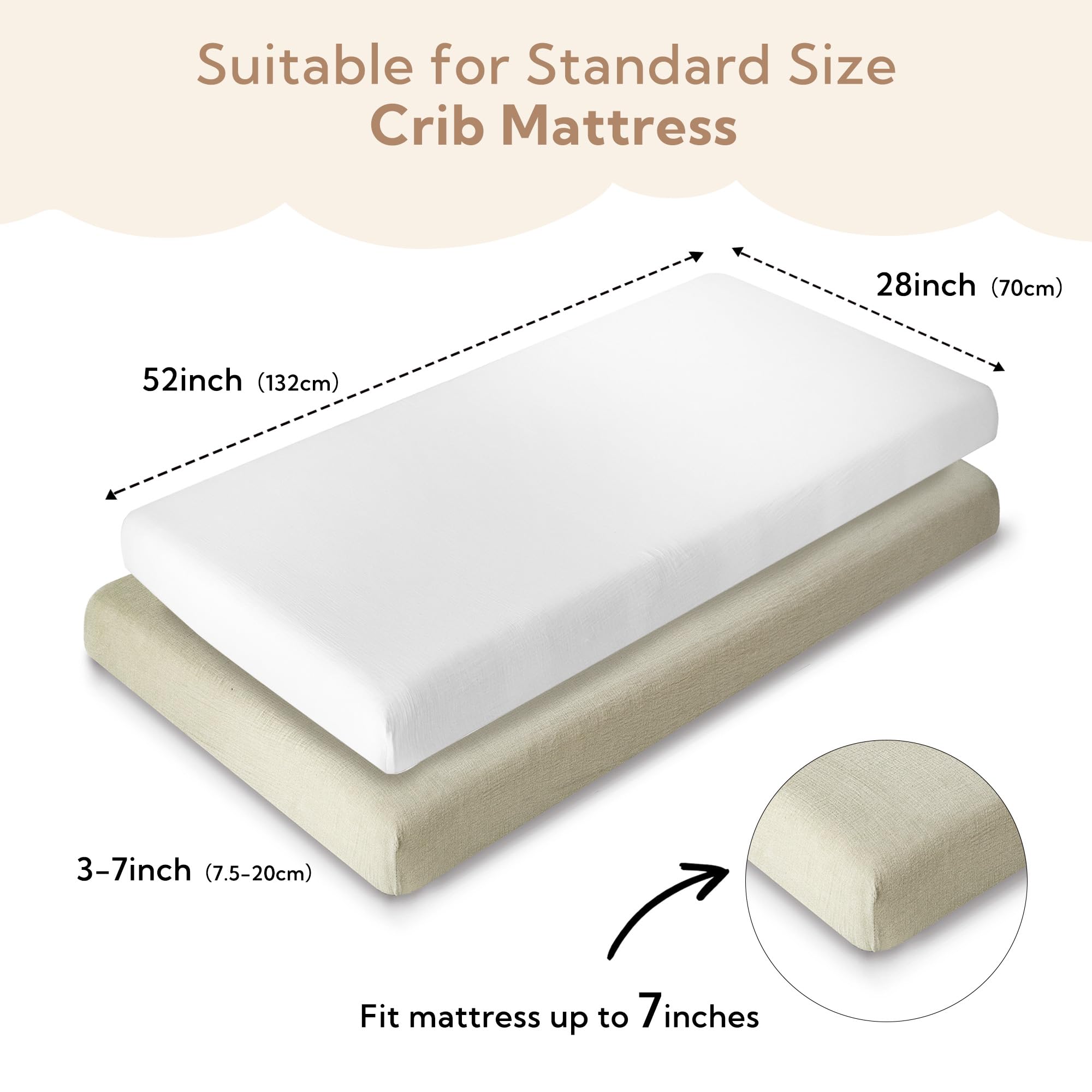 SOULFUL muslin crib sheets 28x52 fit, elastic edge ensures secure flat fit.