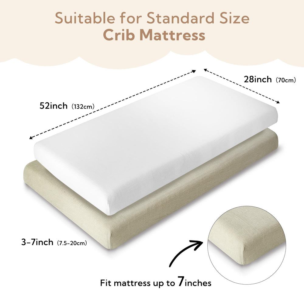 SOULFUL muslin crib sheets 28x52 fit, elastic edge ensures secure flat fit.