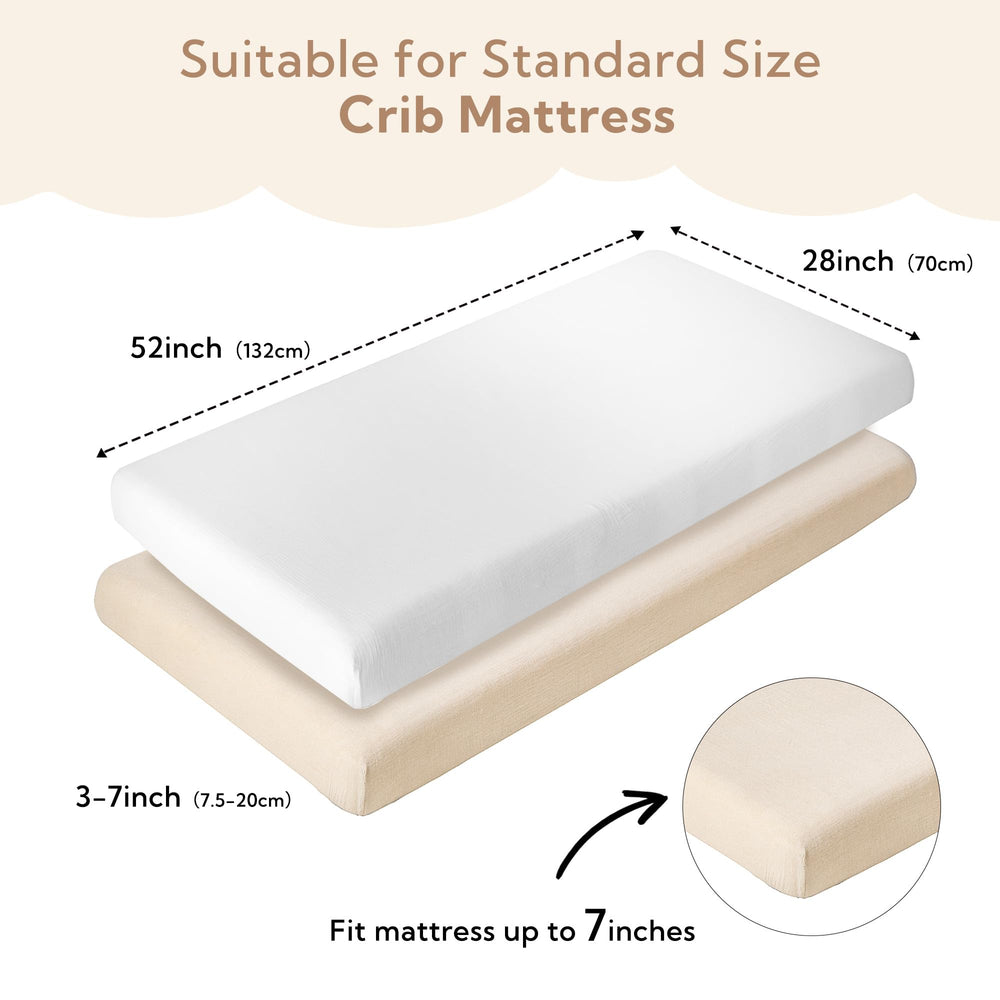 SOULFUL Muslin crib sheets show elastic-fit for secure placement.