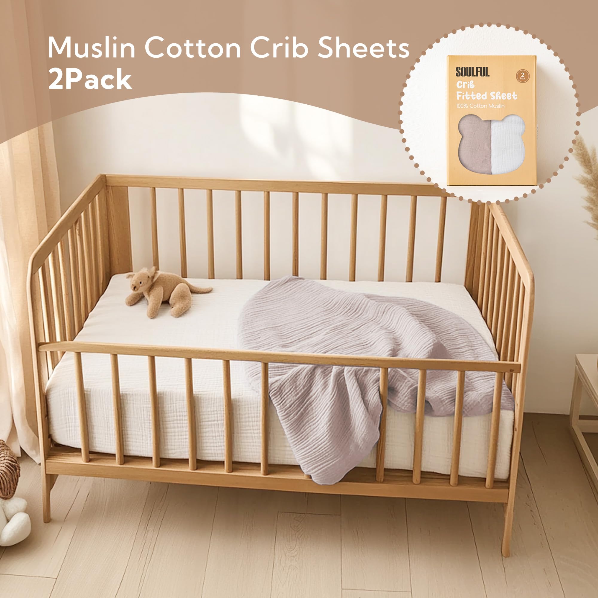 SOULFUL gift-ready packaging for newborns with breathable muslin crib sheets.
