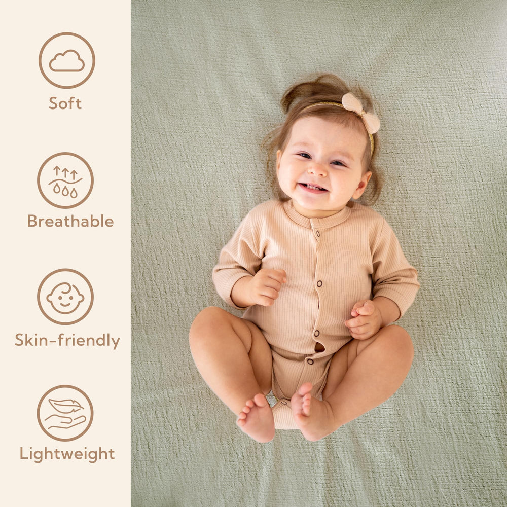 SOULFUL muslin crib sheets mist sage color folded, easy-fit elastic edge for standard crib.