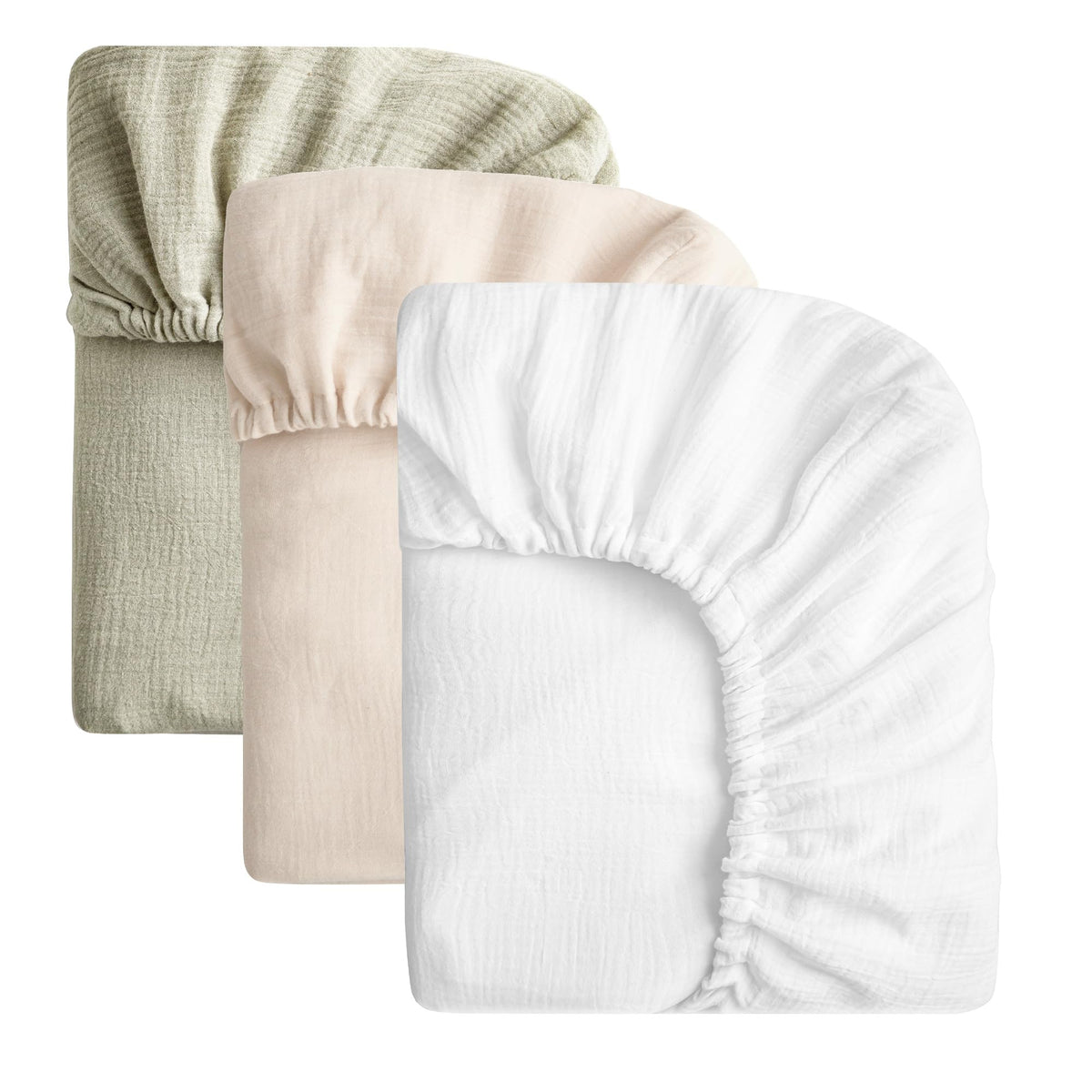 SOULFUL muslin crib sheets pack in white, beige, mist sage for versatile nursery coordination.