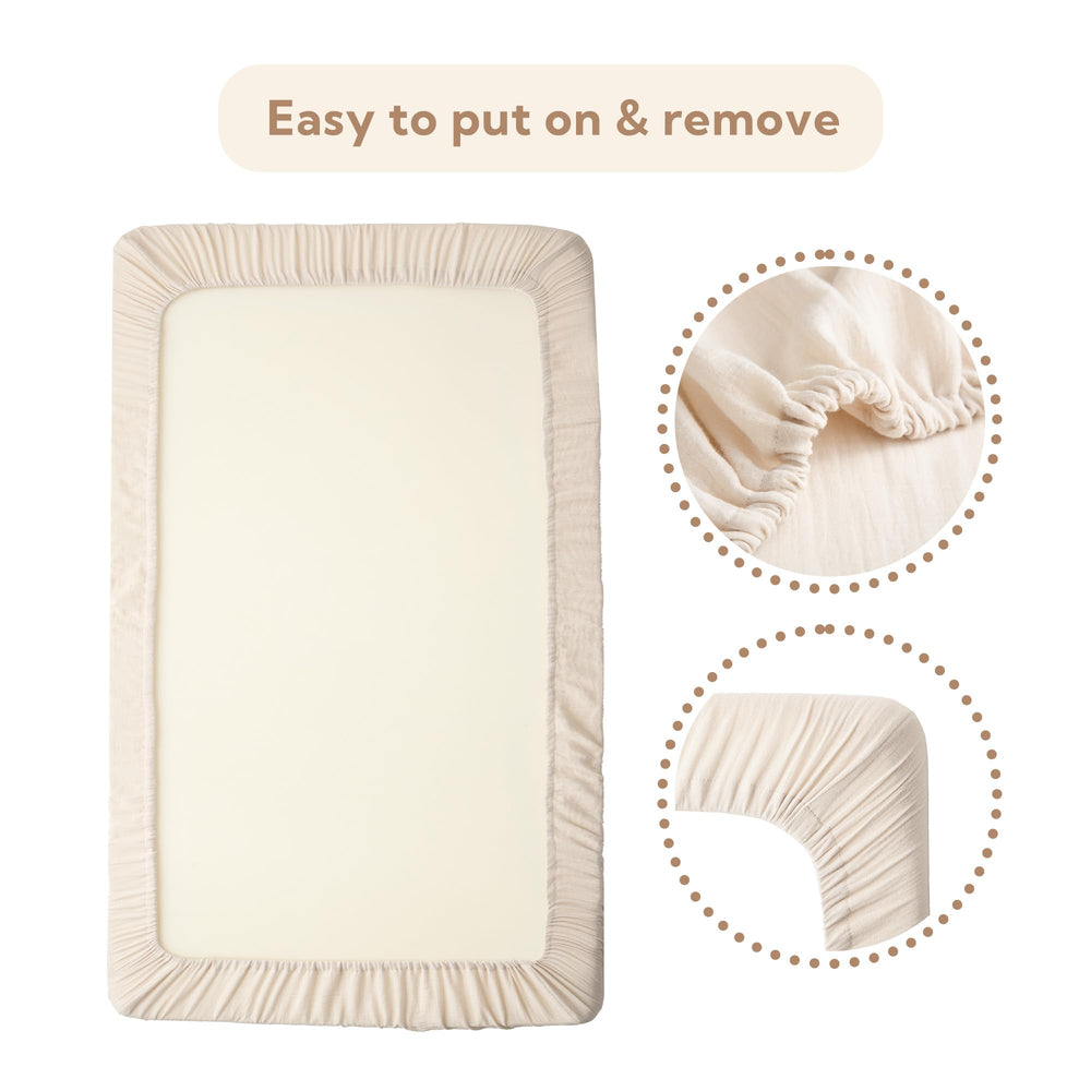 SOULFUL Muslin crib sheets fit standard 28x52 crib mattresses snugly.