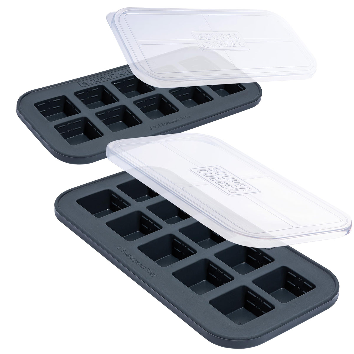 Souper Cubes 2tbsp freezer mold with charcoal lid enables compact, mess-free freezing.