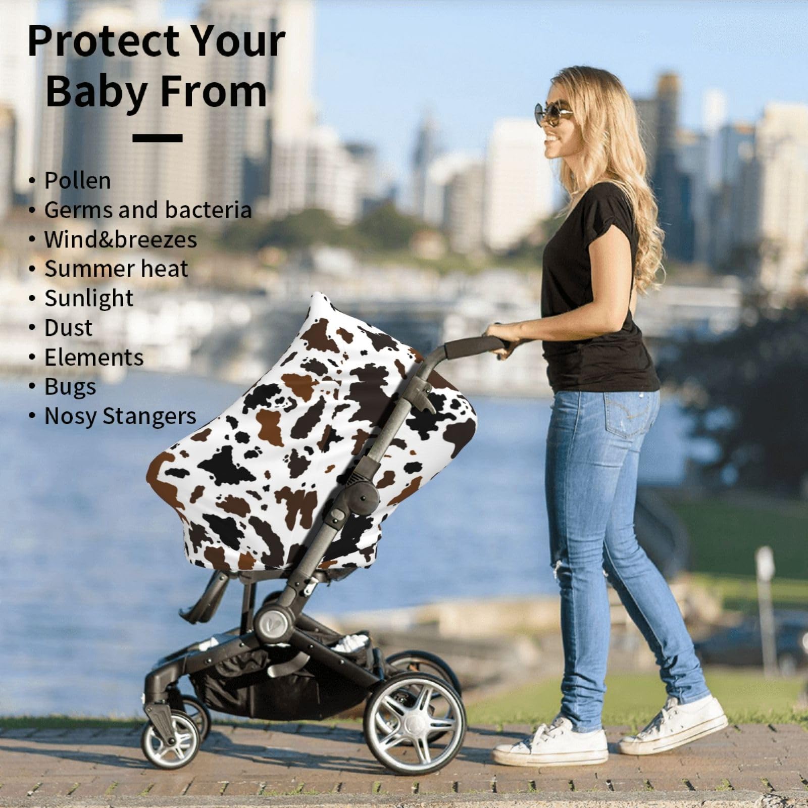 Sozzjile brown cow print car seat canopy provides 360 coverage quickly.