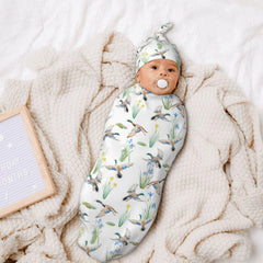 Sozzjile Mallard Duck swaddle hat close-up showing adjustable knot for newborn fit.
