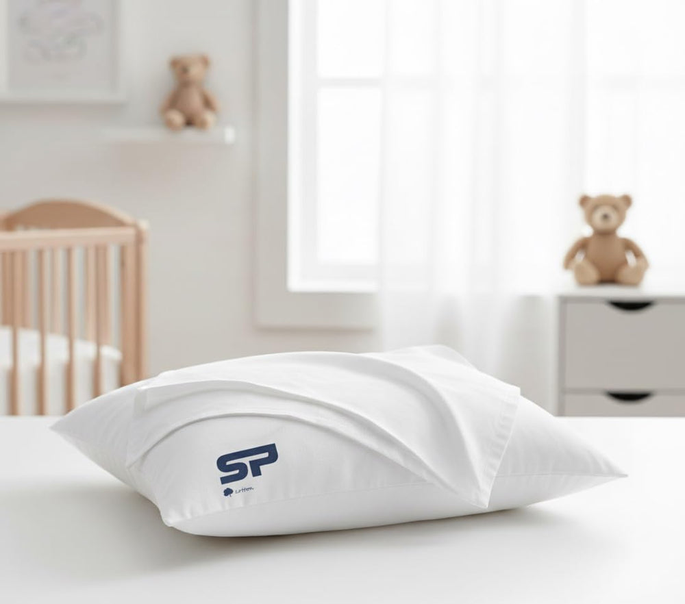 SP Cotton toddler pillowcase 2-pack showing smooth white fabric for gentle skin and easy travel setup