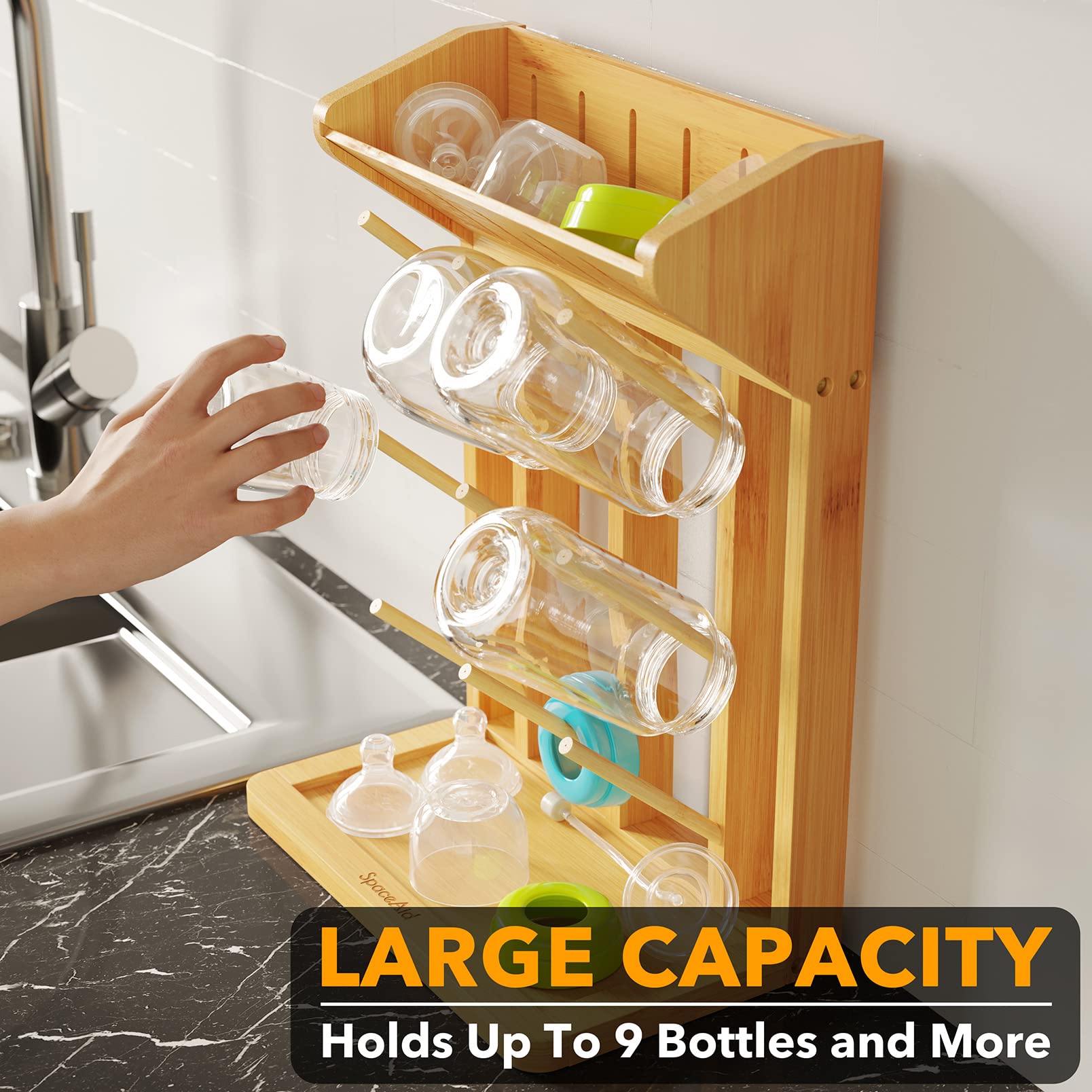 SpaceAid bamboo bottle-drying rack bottles and lids organized for quick prep
