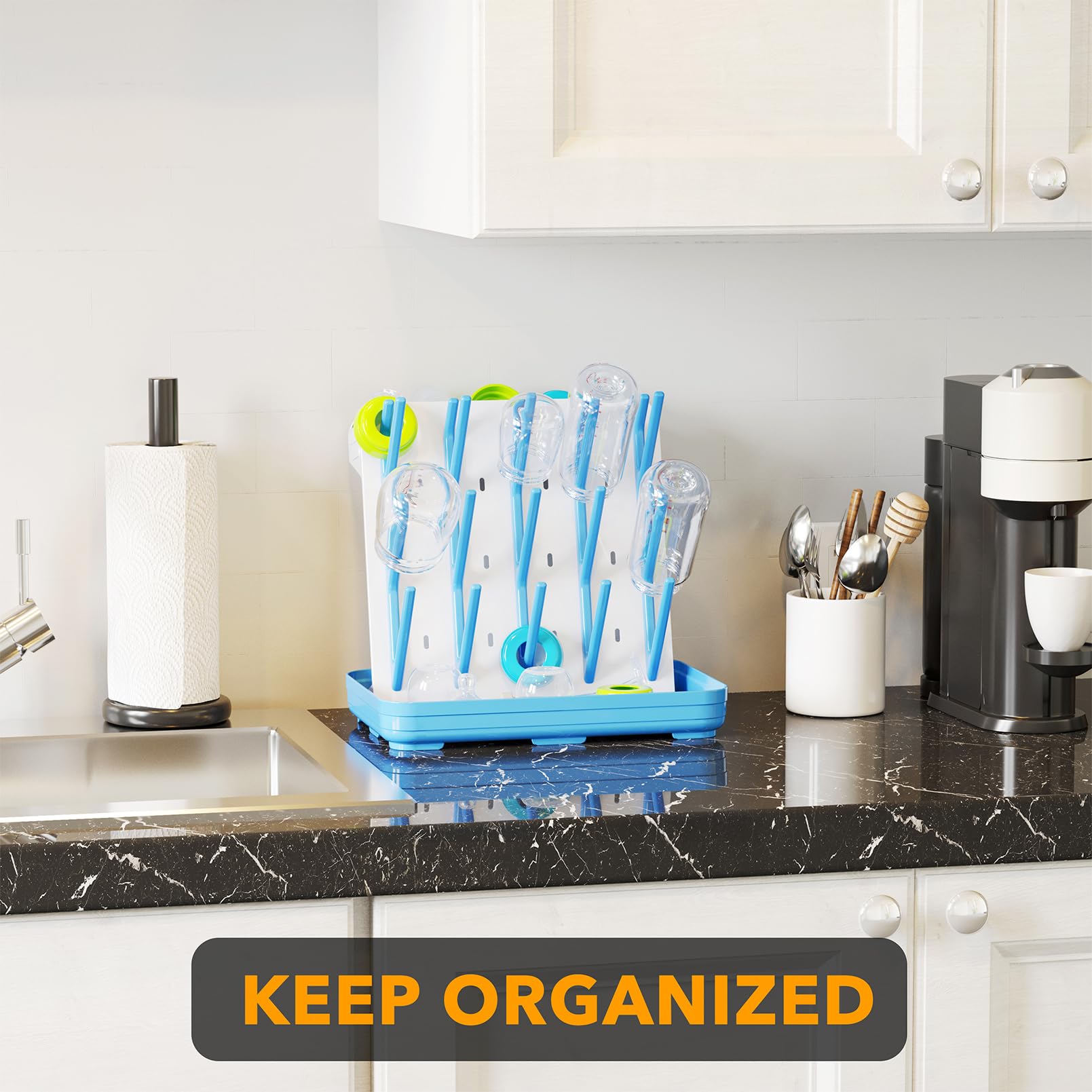 SpaceAid blue and white design adds a modern touch to nursery and kitchen.