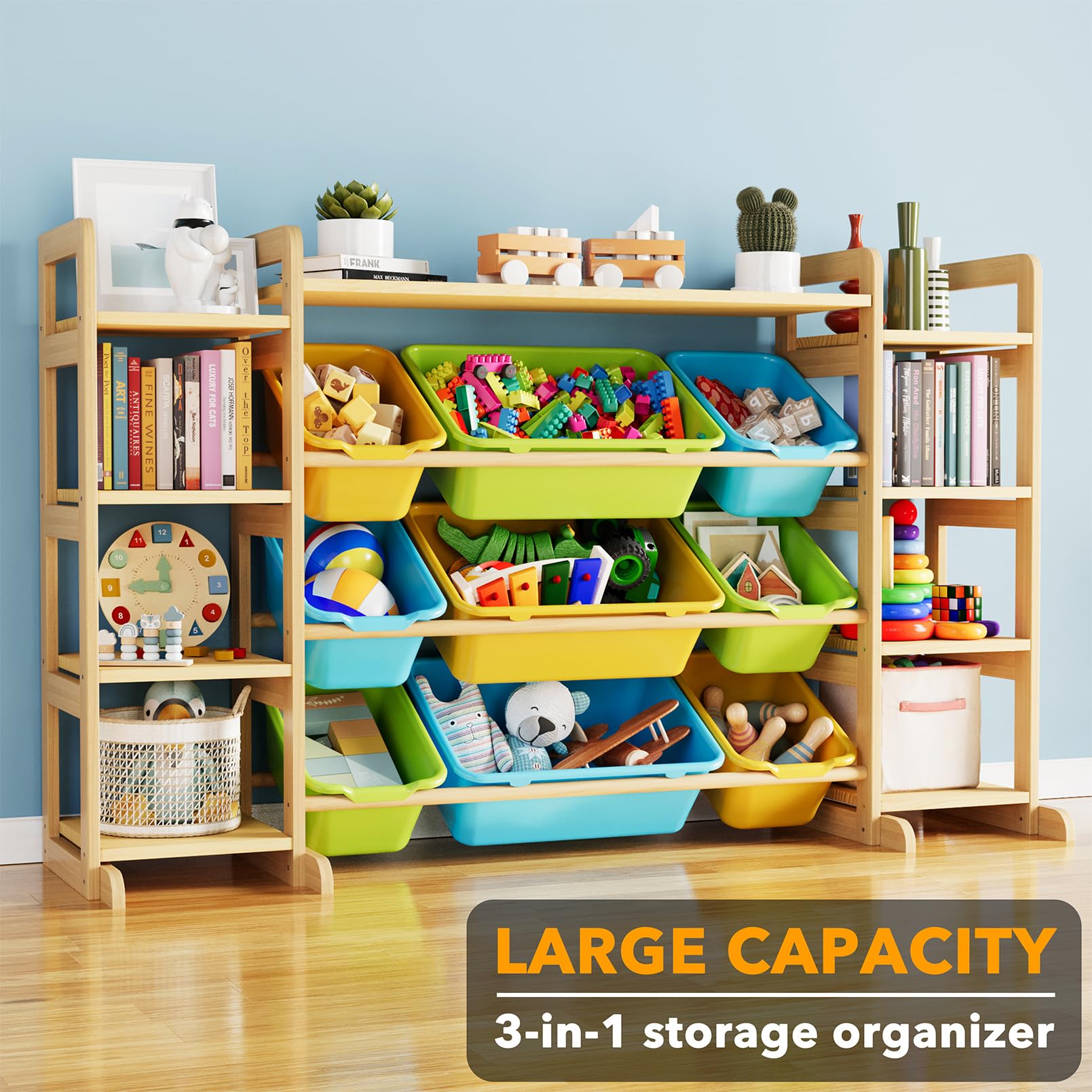 SpaceAid large toy storage colorful bins brighten and organize the play space.