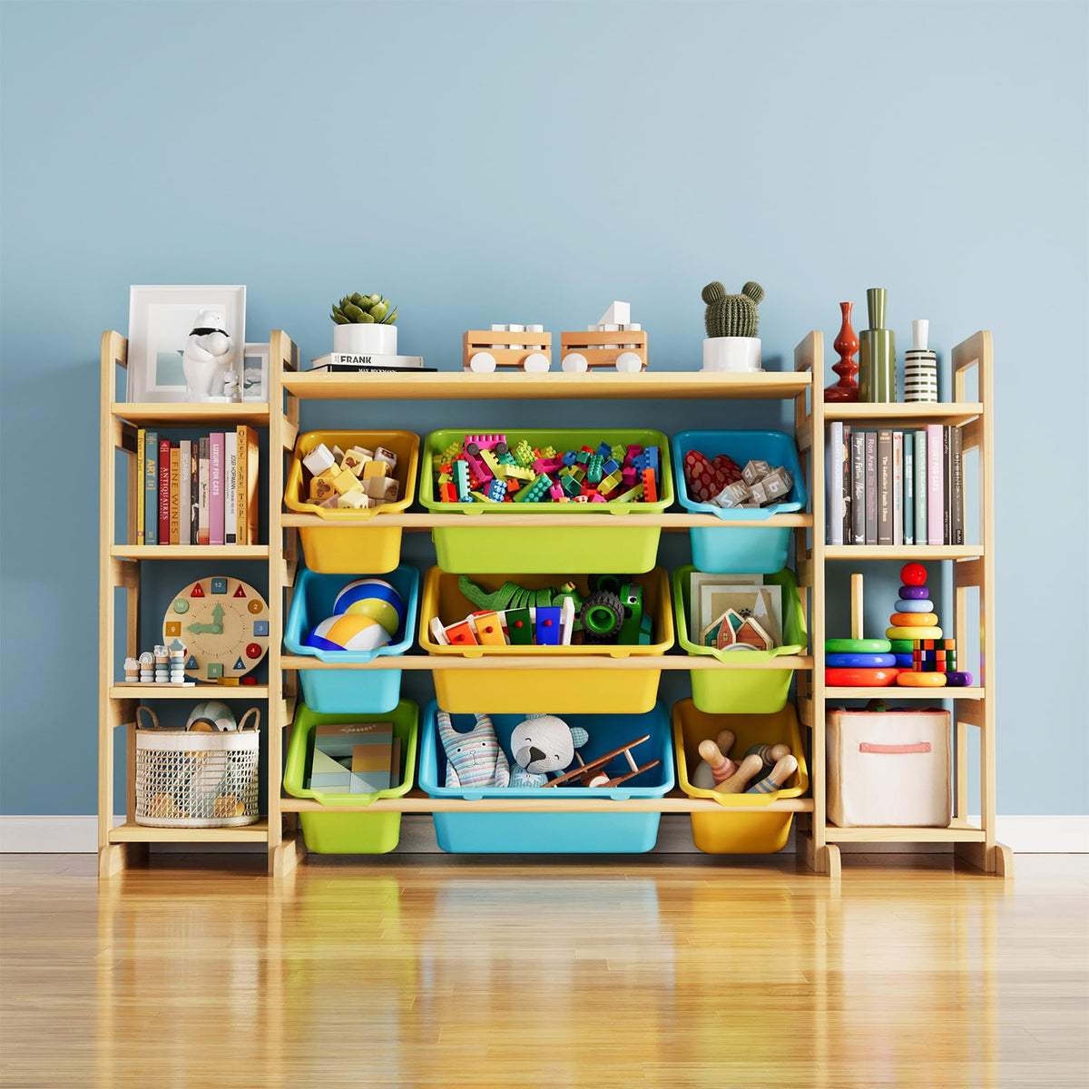 SpaceAid large toy storage front view shows nine colorful bins for easy playroom cleanup.
