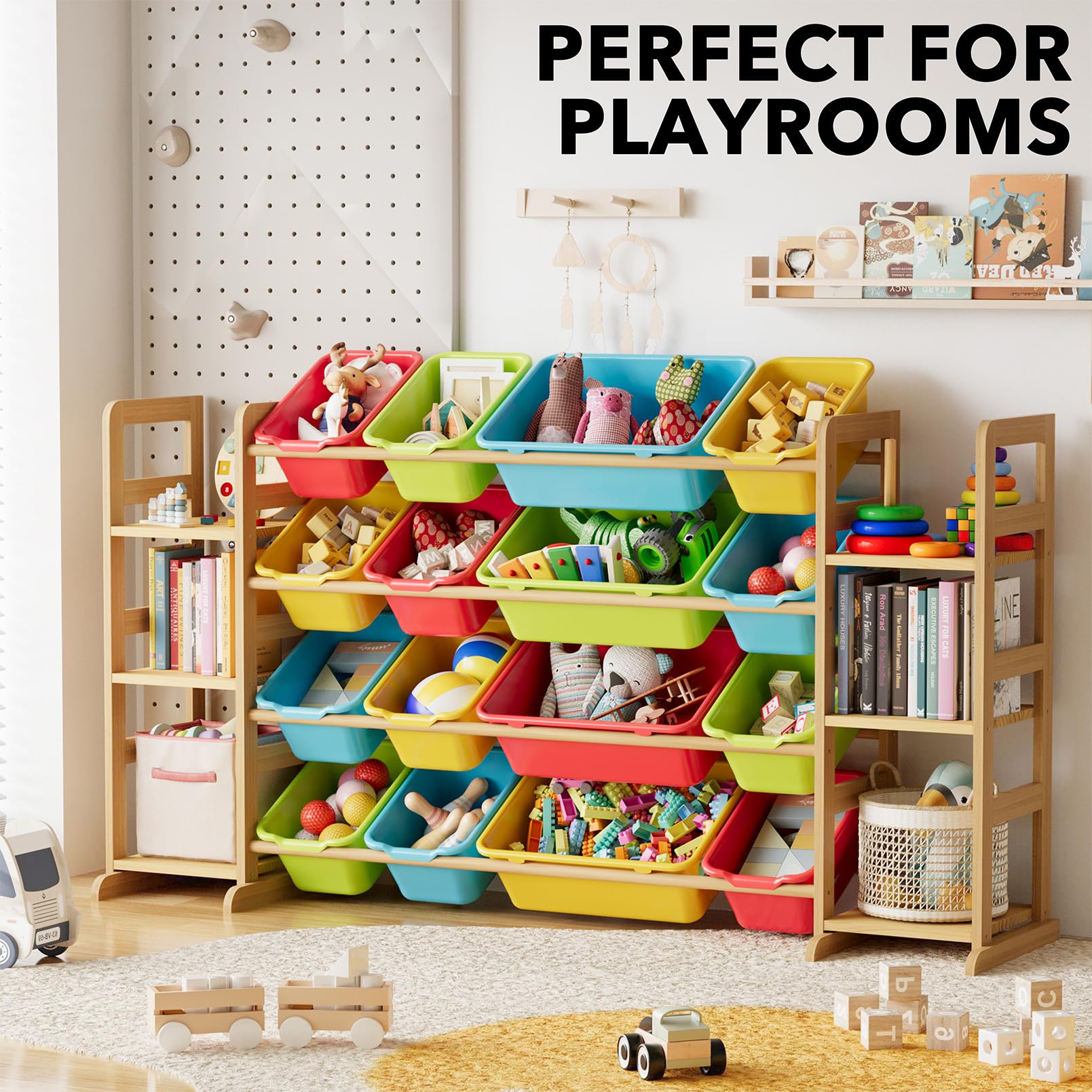 SpaceAid multi-colored-bins brighten organization and kid-friendly access