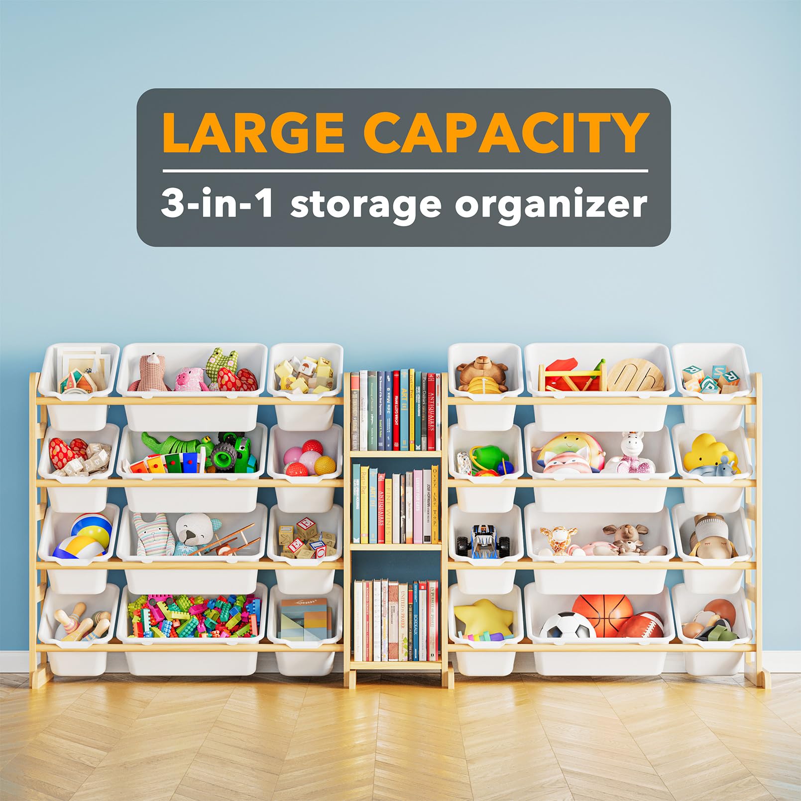 SpaceAid solid pine wood construction showcases sturdy, modern white toy storage for durable use.