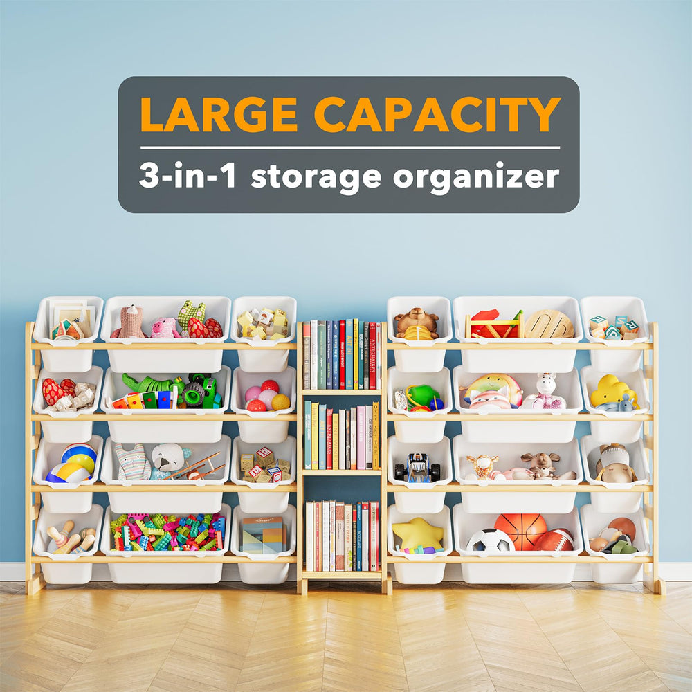 SpaceAid solid pine wood construction showcases sturdy, modern white toy storage for durable use.