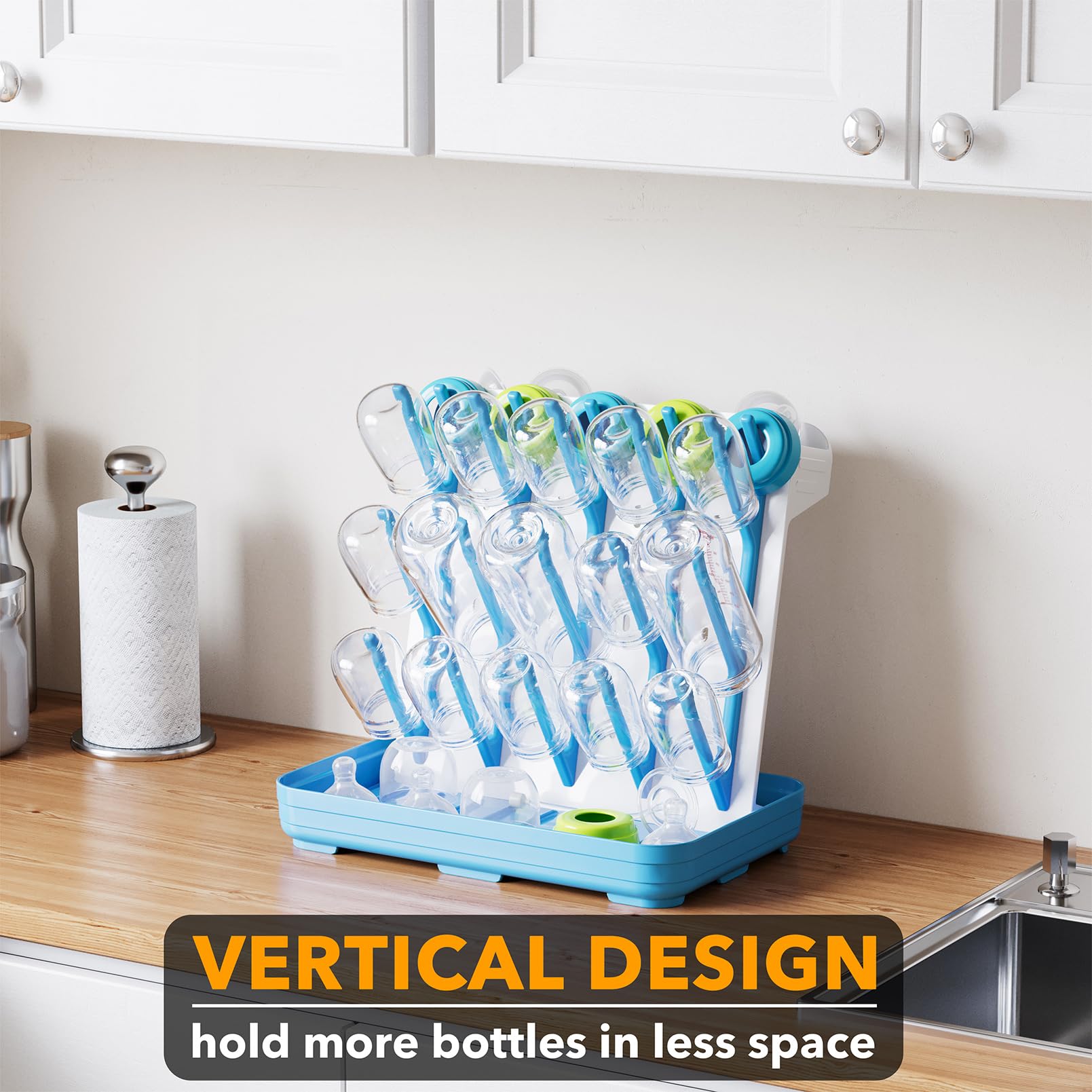 SpaceAid space-saving design maximizes counter space while drying bottles and accessories.