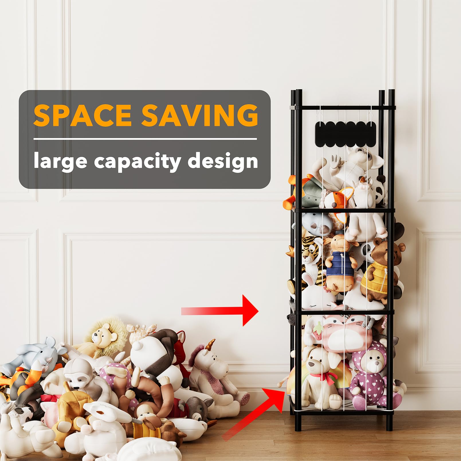 SpaceAid stuffed animal storage with wooden bars ensures safer storage for little hands.