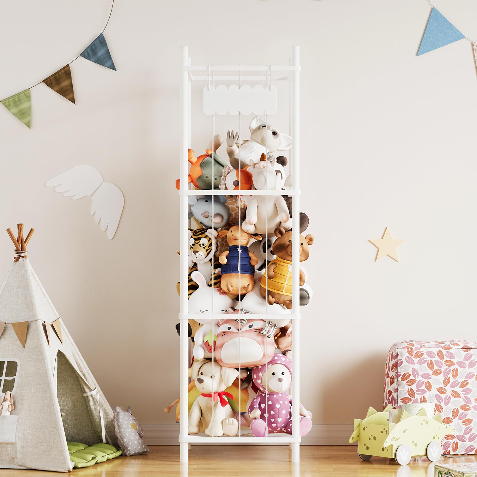 SpaceAid stuffed animal storage organizer open cage design demonstrates easy access for kids to tidy up.