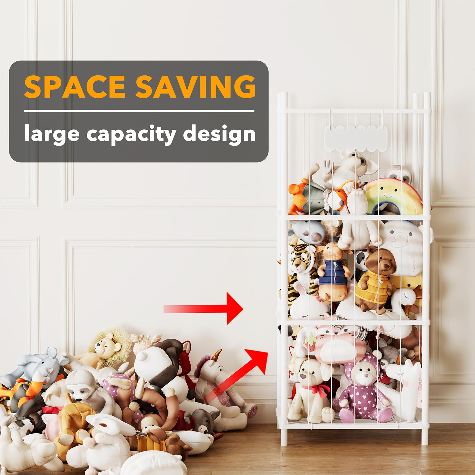 SpaceAid open cage view shows easy access to plush toys for tidy cleanup