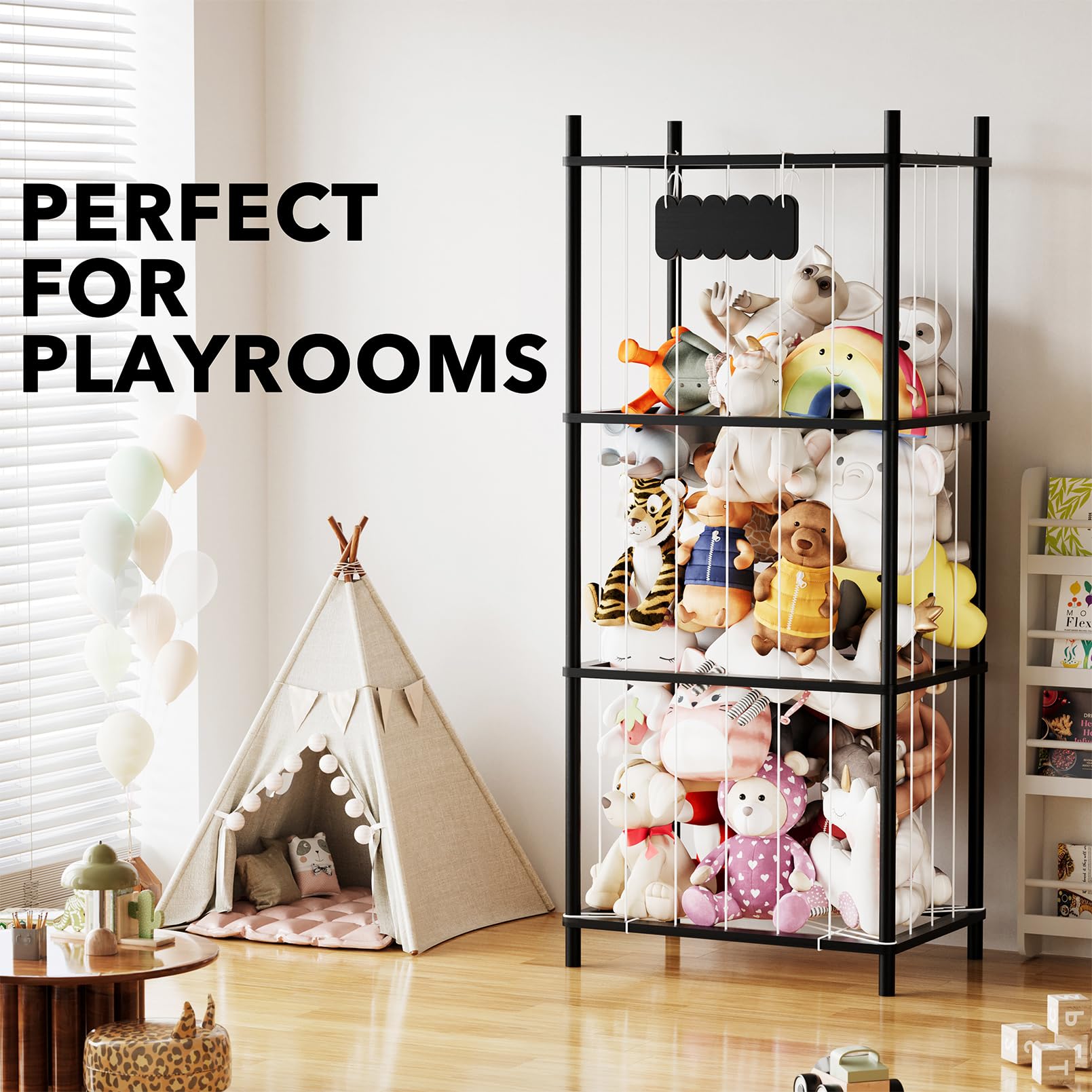 SpaceAid stuffed animal storage organizer scalloped board lets kids personalize their zoo.
