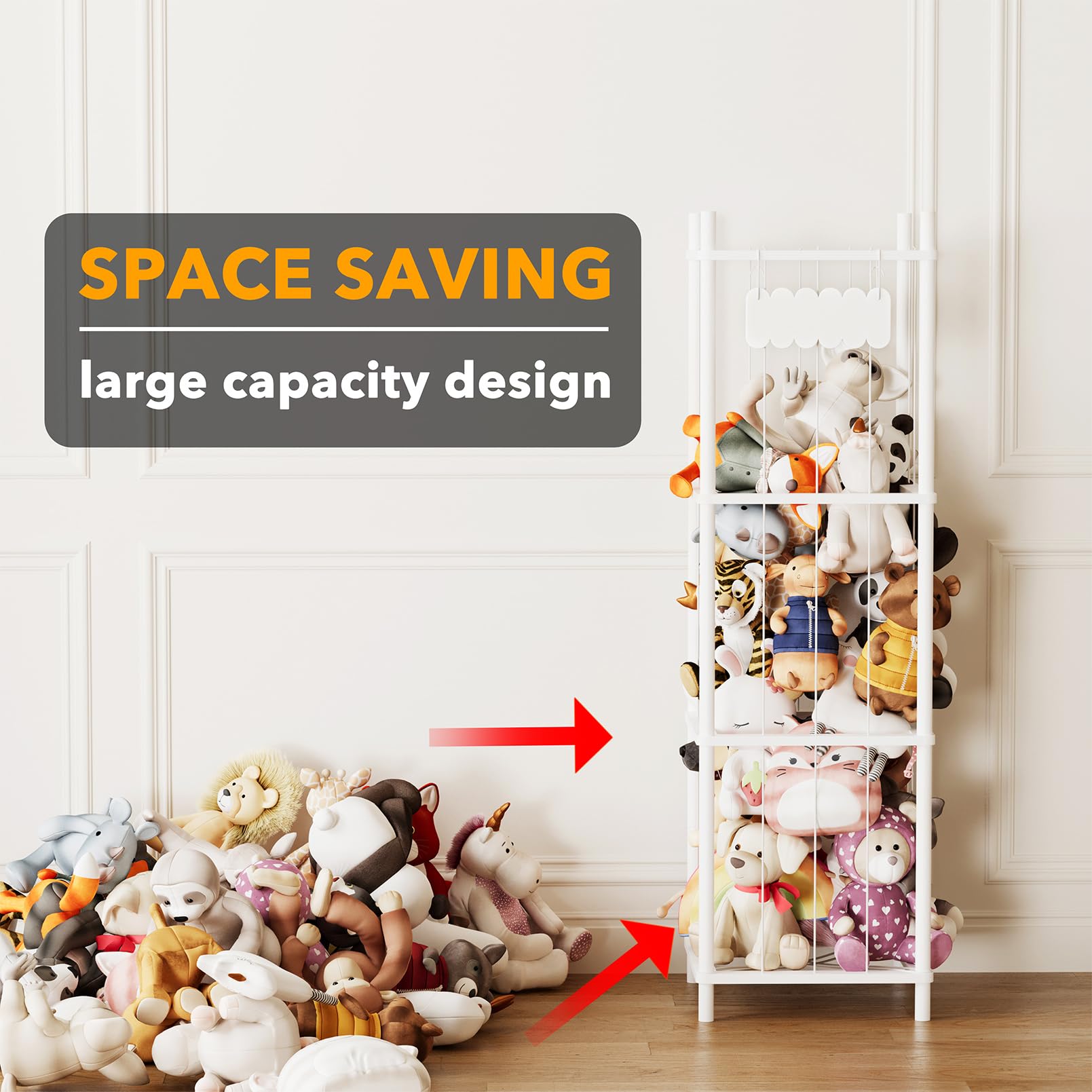 SpaceAid stuffed animal storage organizer tall vertical tower saves floor space while displaying plushies.