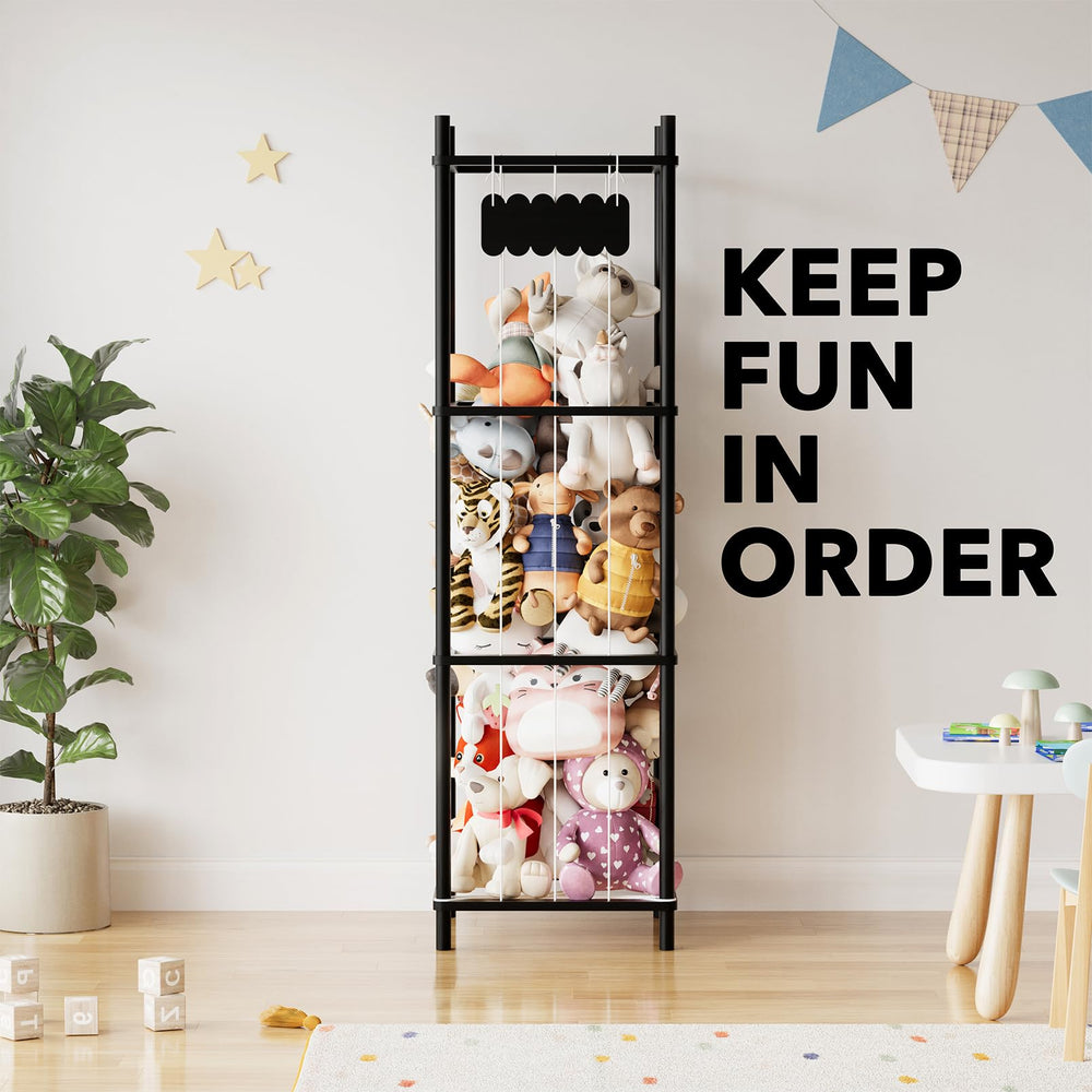 SpaceAid stuffed animal storage in a playroom enhances decor while keeping plush toys organized and accessible.