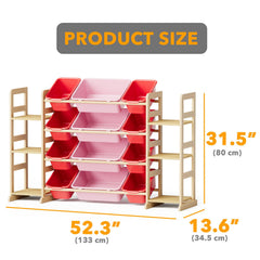 SpaceAid toy storage with 12 red and pink bins offers ample capacity for clutter-free bedrooms.