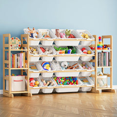 SpaceAid toy storage organizer with six shelves promotes tidy playroom organization.
