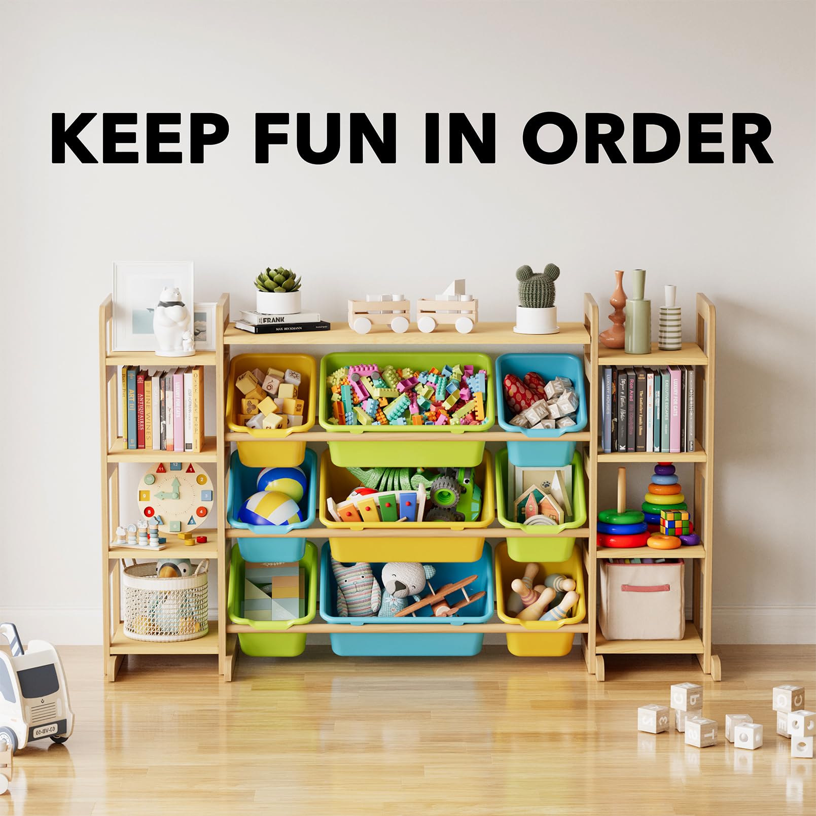 SpaceAid sturdy pine wood construction provides durable, long-lasting playroom storage.