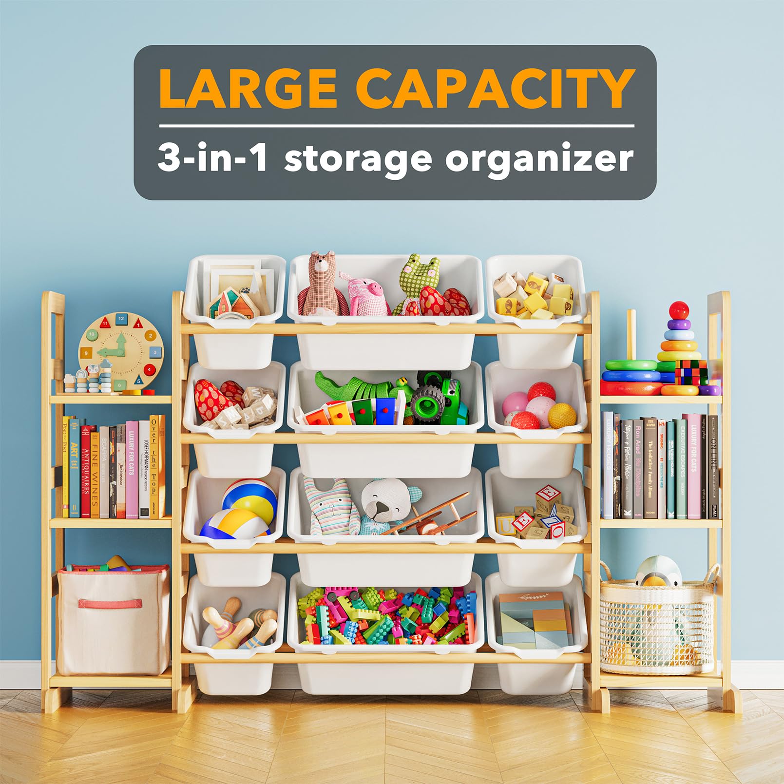 SpaceAid toy storage wood frame highlights sturdy pine construction for durable organization.