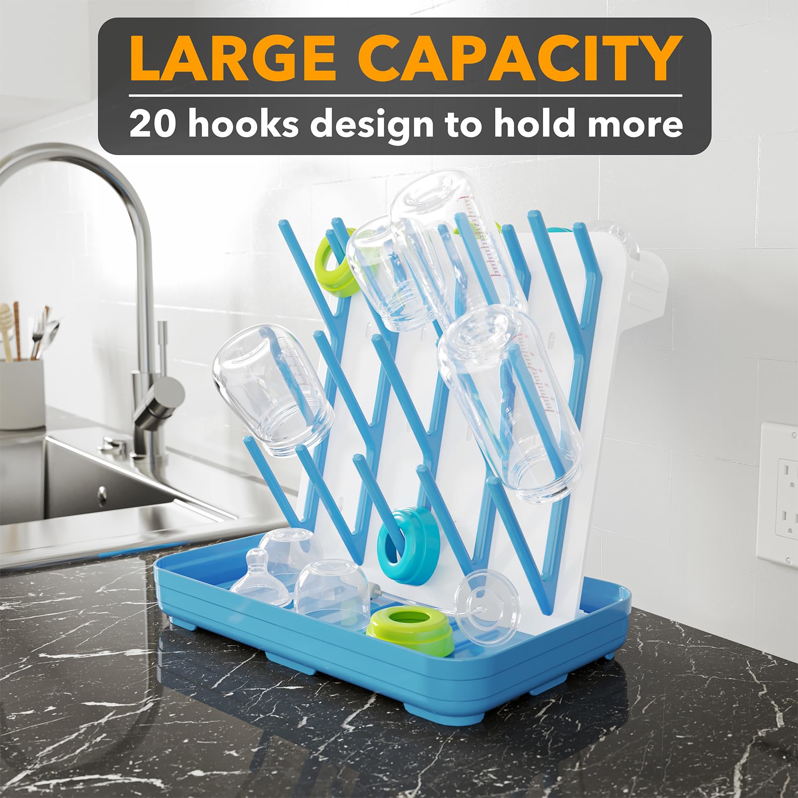 SpaceAid vertical bottle holder dries multiple bottle sizes on a compact countertop.