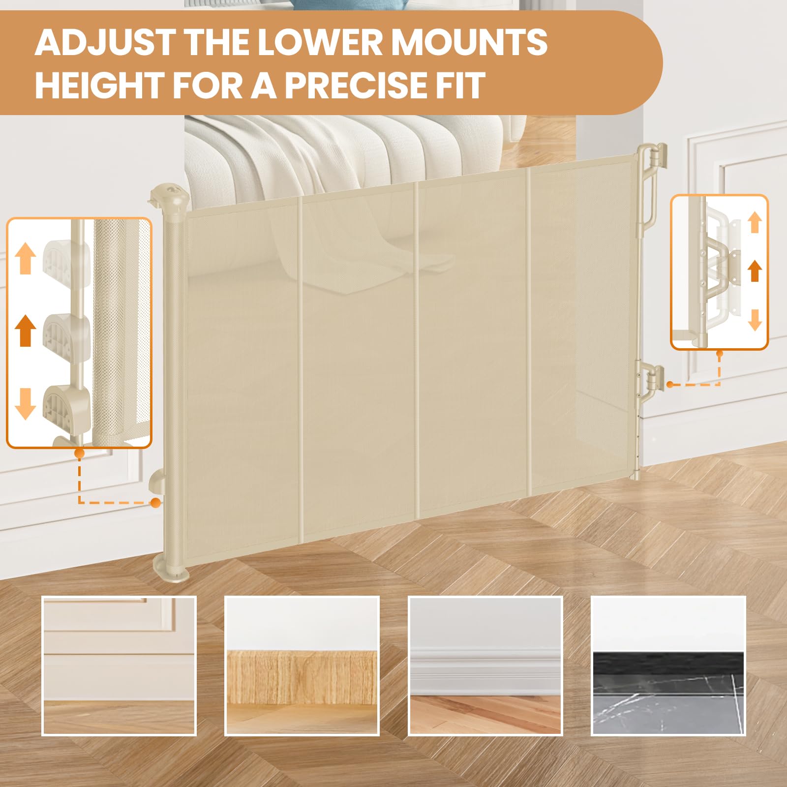 Spaceany gate adjustable mounts highlight flexible, baseboard-friendly installation.