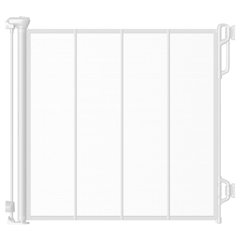 Spaceany reinforced retractable baby gate closed shows a sturdy barrier for stairs and doorways.