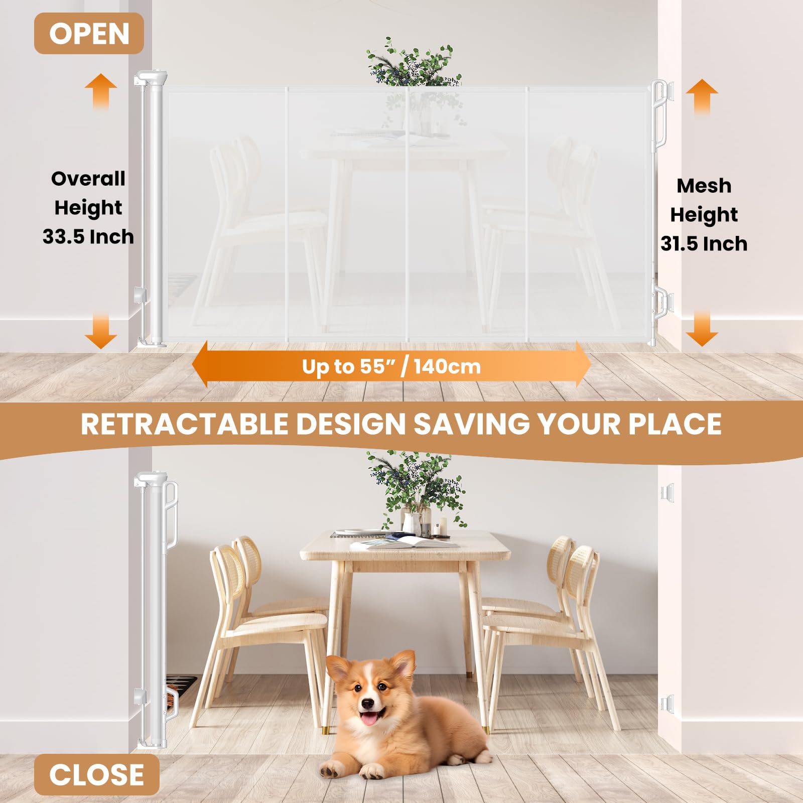 Spaceany reinforced retractable baby gate extended demonstrates wide coverage for larger openings.