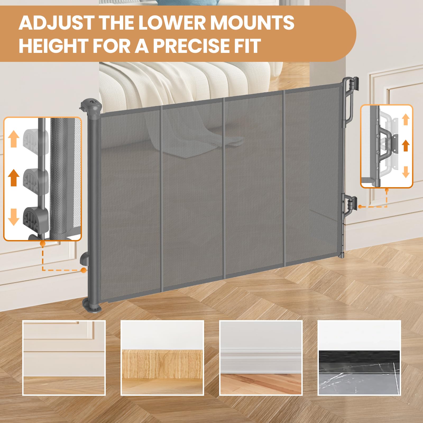 Spaceany reinforced retractable gate installation with adjustable mounts for walls with or without baseboards