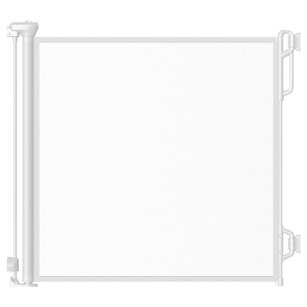 Spaceany retractable safety gate extended to fit wide openings for safer stairs.