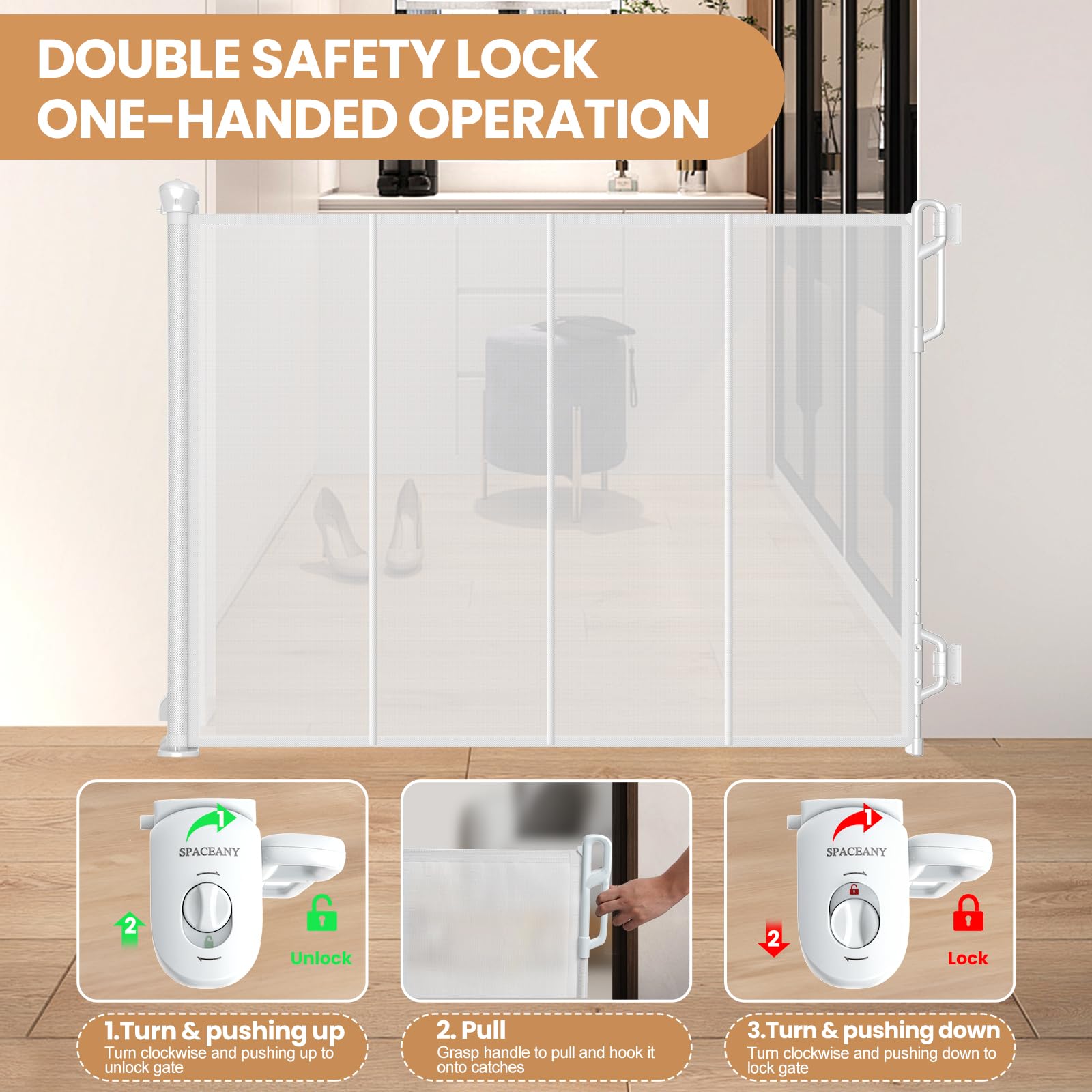 Spaceany wide-55-inch-opening supports safe space in doorways and hallways.