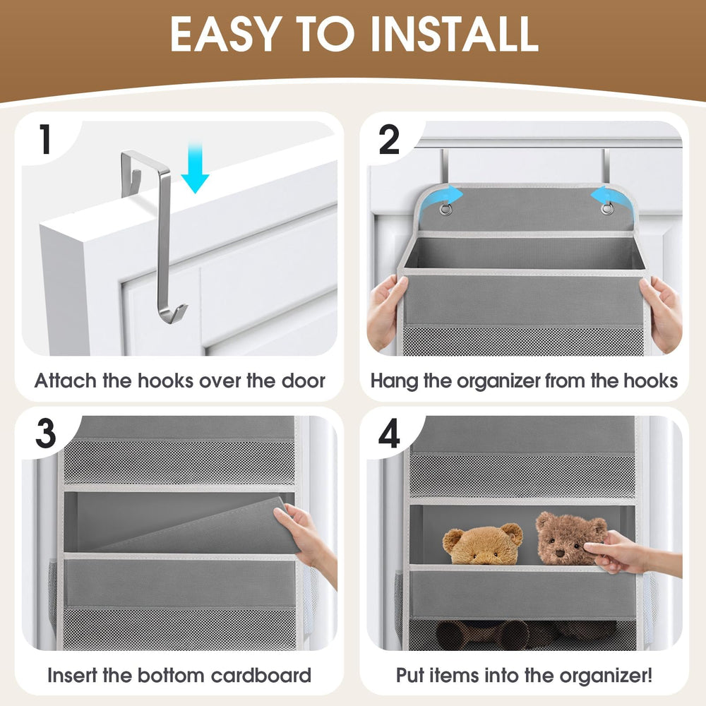 SpaceHacks over-the-door organizer on door installation demonstrates effortless setup and space-saving design.
