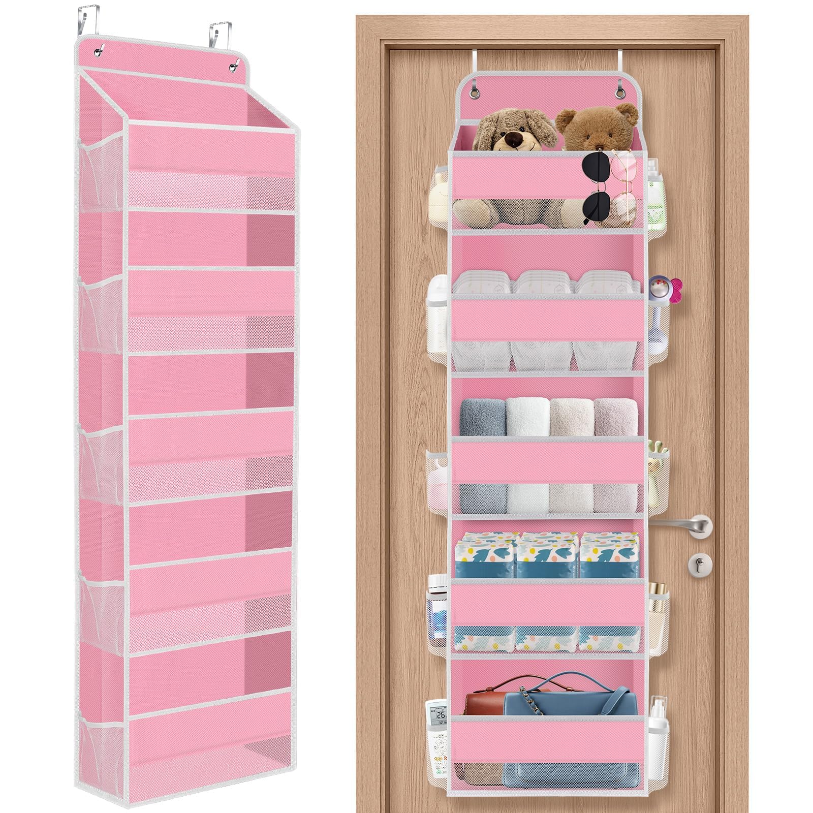 SpaceHacks 5-tier door organizer pink front view for organized pantry essentials.