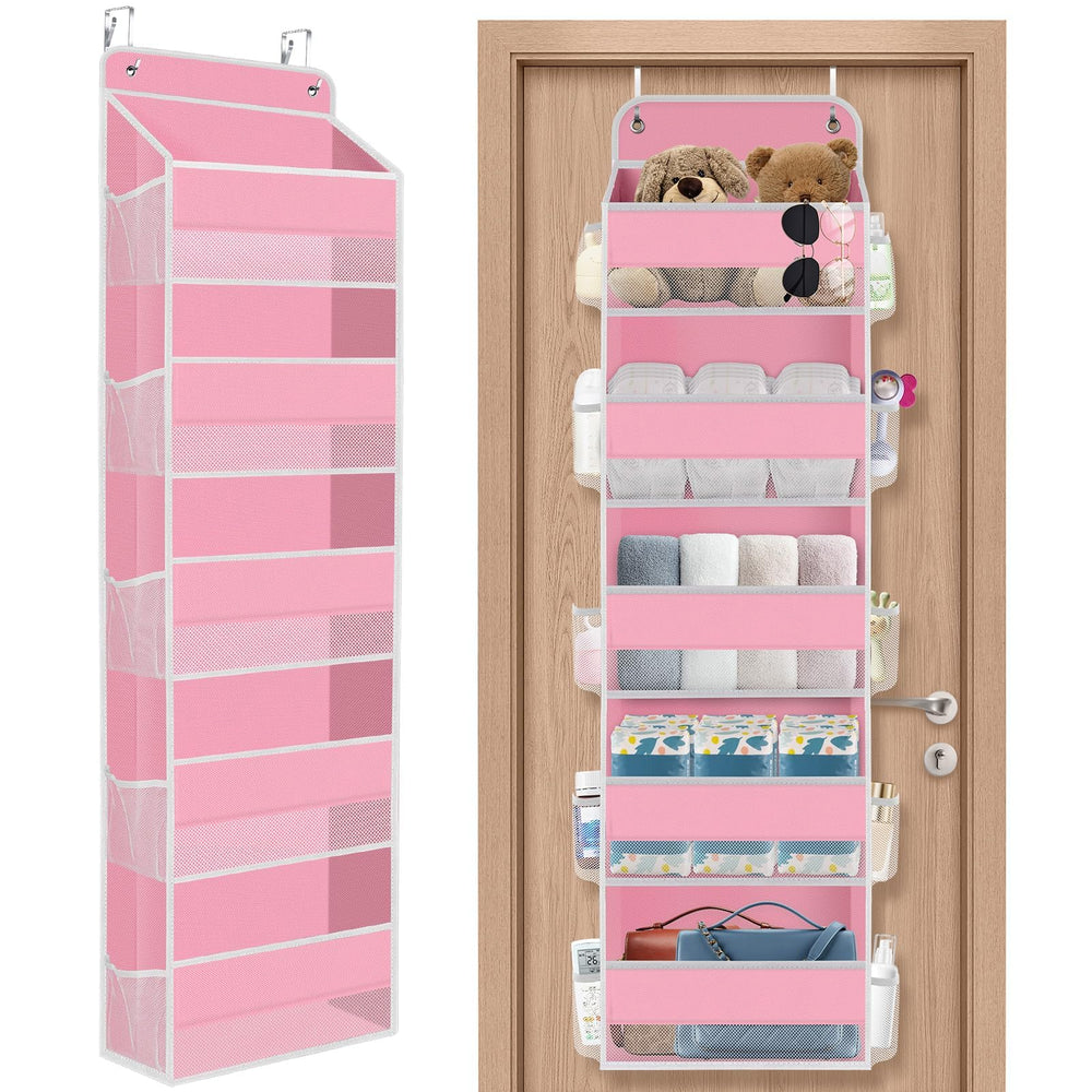 SpaceHacks 5-tier door organizer pink front view for organized pantry essentials.