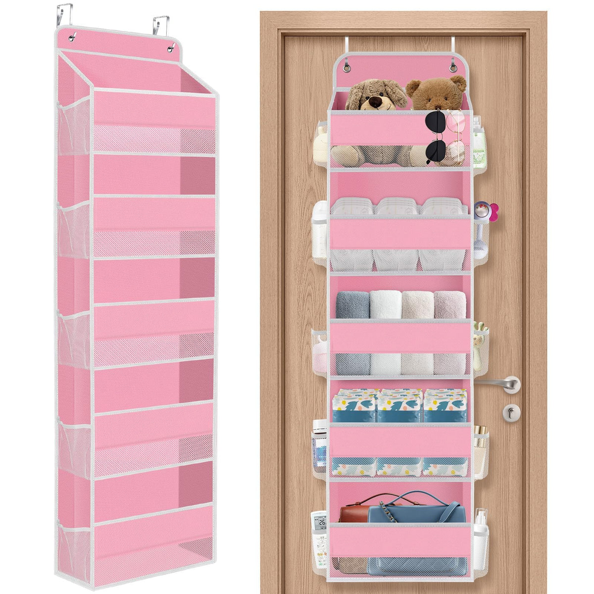 SpaceHacks 5-tier door organizer pink front view for organized pantry essentials.